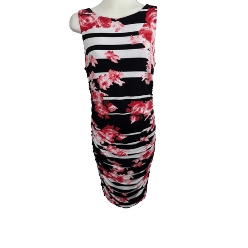 Thalia Sodi Sleeveless Bodycon Dress XS Black White Stripe Floral Ruched Midi